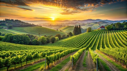 Fototapeta premium Lush green vineyards with rows of wine grapes stretching across a rolling hills landscape at sunrise, countryside, nature