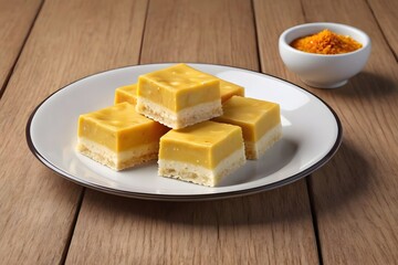 Indian sweet barfi plate on wooden table 