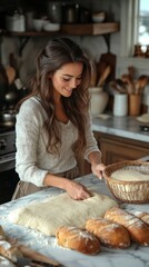 Woman baking baguettes in kitchen.