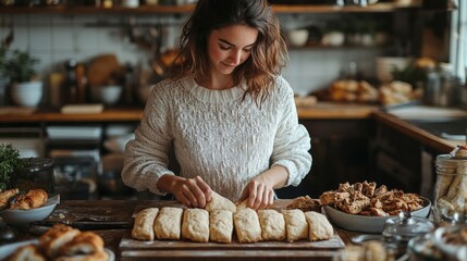 Woman baking biscotti in a cozy kitchen.