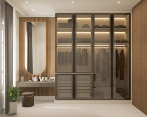 3D Rendering, 3D illustration, Interior Scene and Mockup, dressing room and walk in closet render in modern style.
