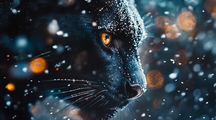 A close up of a black panther in the snow