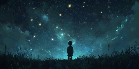 A child gazing in awe at the night sky, filled with glowing constellations - a magical and joyful scene