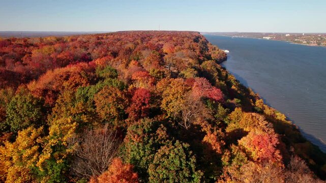 Incredible autumn forest colors, Palisades, New Jersey. 4K drone shot