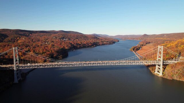 Hudson River in the fall, beautiful aerial view at the Bear Mountain Bridge, 4K