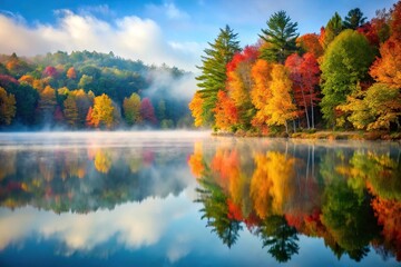 Misty fog rolls in off a serene lake on a cool fall morning amidst towering trees and vibrant foliage, autumn landscape, outdoor scene, fall scenery, fall colors
