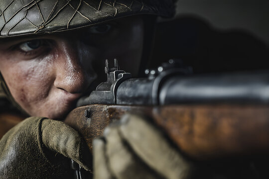 World war 2 solider aiming rifle, close up.