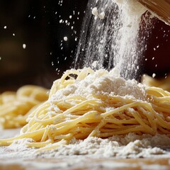 Making Spaghetti. Close-up Pasta Preparation in Kitchen with Flour