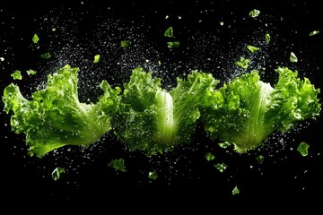 Three green lettuce leaves splash in water. Perfect for a healthy food or grocery website, a cooking or food magazine, or to illustrate the freshness of a product.