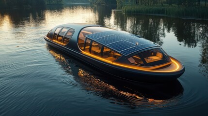 Fototapeta premium A boat with a solar panel on top is floating on a lake