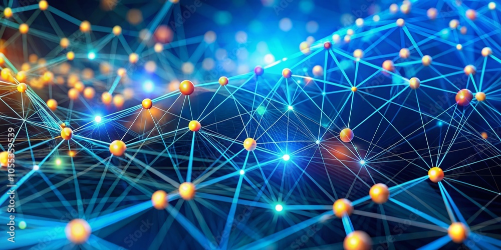 Poster abstract blue background with connecting dots and lines representing big data network technology