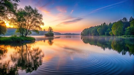 Obraz premium Peaceful lake at dawn with gentle water ripples and surrounding trees, natural, sunrise