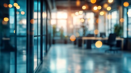 Fototapeta premium Abstract blurred interior of modern office room with defocused working space for business background or backdrop concepts