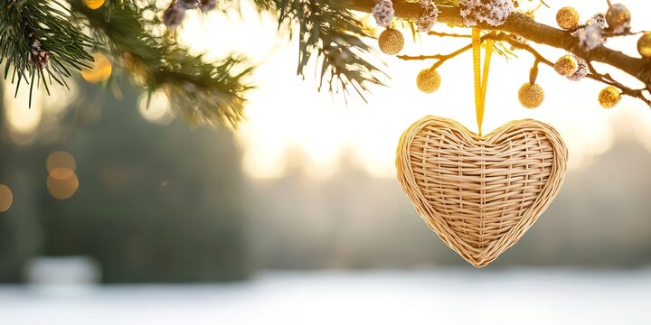 Wicker heart hanging on snowy tree branch