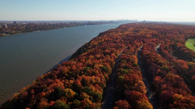 Palisades Parkway in New Jersey with NYC skyline in distance, gorgeous 4K aerial