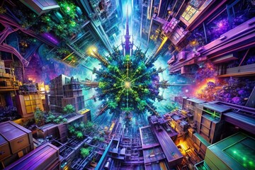 Obraz premium Abstract Chaos Fractal Art in Vibrant Purples, Blues, and Greens for Urban Exploration Photography