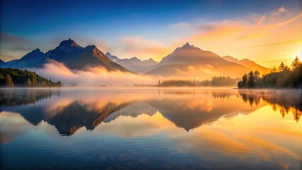Obraz premium Reflection of misty mountains in a calm lake surface at sunrise, scenery, lake