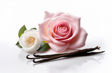 Rose, vanilla and a touch of white musk powder. Placed on a white background with subtle shadows to highlight the luxurious, floral perfume flower, perfume flower oils, perfume essential flowers, perf