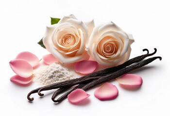 Rose, vanilla and a touch of white musk powder. Placed on a white background with subtle shadows to highlight the luxurious, floral perfume flower, perfume flower oils, perfume essential flowers, perf