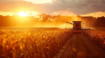 Side view of combine harvesting corn in agriculture field at sunset