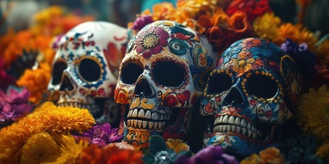 Group of colorful sugar skulls arranged together