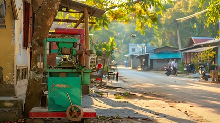 side view of green and red color manual sugarcane juice maker or extractor machine at road side of the village street during bright afternoon sunlight