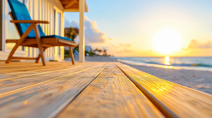 cream colored container beach villa, wooden deck detail, golden hour light
