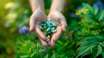 Hands holding green tablet against foliage backdrop, sunlight adds warmth. Serene scene captured in tranquil setting.