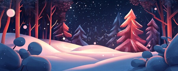 Snow falling on spruce trees in winter forest at night