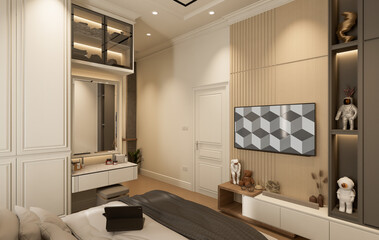 Interior Bedroom Wall Mockup - 3d Rendering, 3d Illustration. Light, cute and cozy home bedroom interior with unmade bed, gray and black plaid with cushions also empty white wall background. 