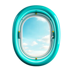 Obraz premium Aerial view through an airplane window with clear blue sky and fluffy white clouds. on transparent background.