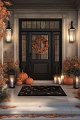 Beautiful fall autumn front door porch with pumpkins and chrysanthemum