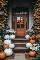Beautiful fall autumn front door porch with pumpkins and chrysanthemum