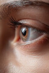 Fototapeta premium A close-up view of an individual's eye featuring long eyelashes, ideal for use in portraits or beauty-related contexts