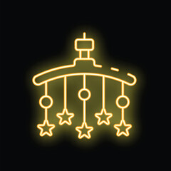 Glowing yellow neon baby mobile hanging with stars and balls on a black background