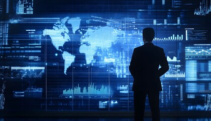 A Silhouetted Figure Observing Digital Data on a Large Screen