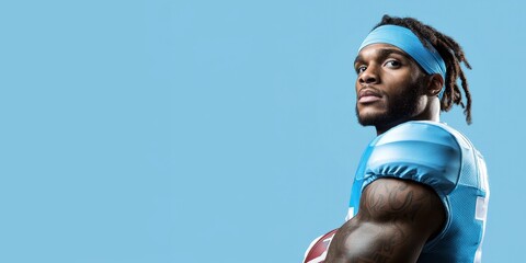 Portrait of American football player isolated on blue background.