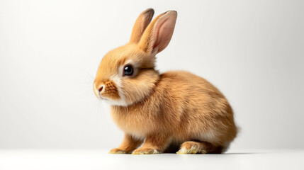 Obraz premium Close-up of a cute fluffy brown rabbit sitting on a plain white background, emphasizing its soft fur and large eyes.