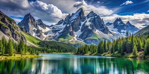Towering granite peaks with snow-capped summits, lush green forests and serene lakes, mountain range, natural scenery, outdoor adventure