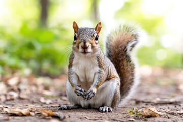Fototapeta premium A squirrel sits on the forest floor, surrounded by trees and foliage