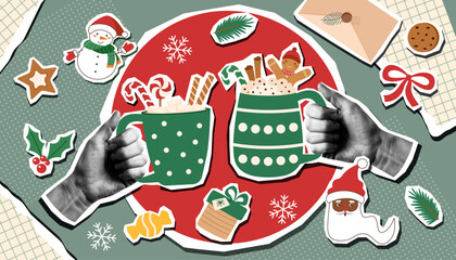 Christmas collage banner with Christmas objects and mugs in human hands. Christmas trendy background. 