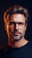 Fototapeta premium A confident middle-aged man models stylish transparent rectangular glasses with dramatic lighting