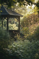 Naklejka premium A picturesque gazebo surrounded by lush green trees in a dense forest