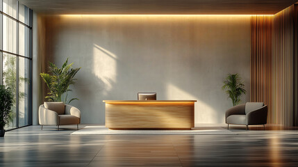 minimalist corporate reception with wooden desk soft lighting and natural decor