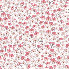 Vector illustration. Seamless Ditsy floral pattern of delicate small flowers on a white background. Liberty Floral pattern, field of flowers, print for fabric, textile, wallpaper, children's clothing.
