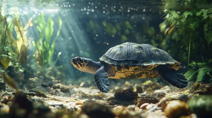 A turtle swimming in a water tank with clear water and some aquatic plants