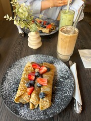 Crêpes with matcha and icecoffe