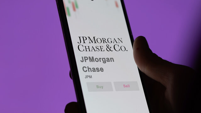 PMorgan Chase on the screen of an exchange. JP Morgan Chase price stocks, $JPM on a device.