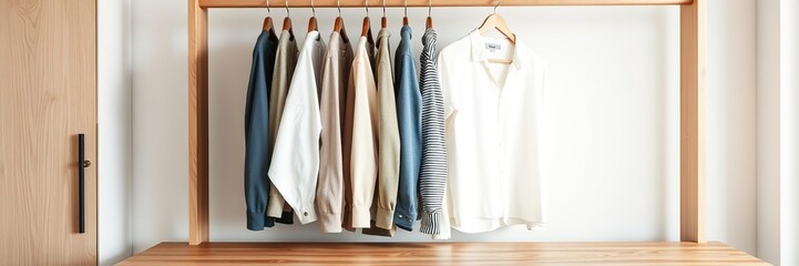 Wooden clothing hanger placed on a brown wooden table, clean, home