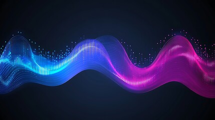 A dynamic and visually striking stock photo showcasing vibrant blue and purple digital wifi and radio waves emanating from a central point on a dark background
